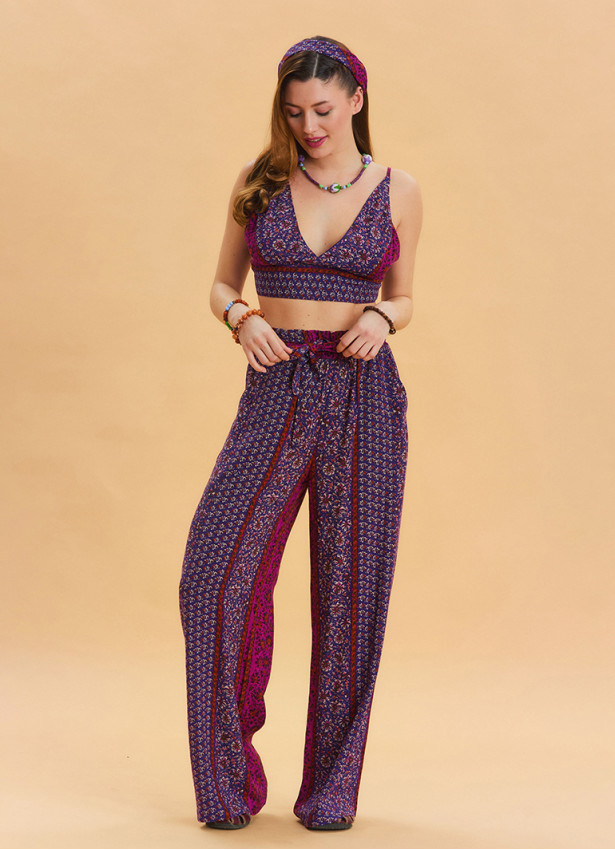 Purple Summer Harem Trousers with Elastic Waist Belt Detail 4570